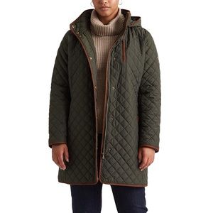Lauren Ralph Lauren Quilted Hooded Plus Size Faux Leather Trim Coat